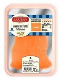 Rappel du produit LARTIGUE & FILS chez AUCHAN Saumon Fum Artisanal Nature / Saumon Fum Artisanal Piment Barquette sous-vide 4 tranches130g  Geancod EAN : 3760067664443 et 3760067664375