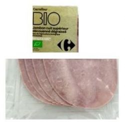 Rappel produit CARREFOUR  BIO Jambon Cuit Suprieur Dcouenn Dgraiss 4 tranches 100g Vendu au rayon traditionnel Charcuterie Issu de l'agriculture biologique