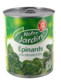 Rappel produit NOTRE JARDIN / MARQUE REPERE Epinards en Branches  Boite (380 g),  commercialise  partir du 23/07/14 Code barre: 3564700004982Code emballeur: 59009B