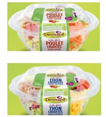 Rappel produit DESSAINT Salades Composes Salade Fracheur Poulet Crudits Sauce Caesar  250GSalade Fracheur Thon Crudits Sauce Cocktail 250G Code  barre:*Salade Fracheur Poulet Crudits:3 505 700 001 151DLC: du 12 au 27/10/2014 inclus*Salade Fracheur Thon Crudits:3 505 700 001 601DLC: du 12 au 27/10/2014 inclus