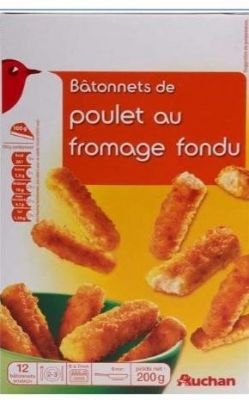 Rappel produit AUCHAN Btonnets de Poulet au Fromage Fondu EAN: 3596710380336 Numro didentification vtrinaire: FR 56.261.001 CE DLC correspondante: 24/04/2015 