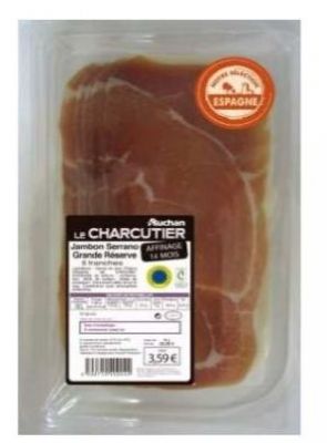 Rappel produit AUCHAN LE CHARCUTIER Serrano Grande Rserve  EAN: 3596710409044 Numro didentification vtrinaire: ES 40.30398/V CE DLC correspondante: 29/10/2015 