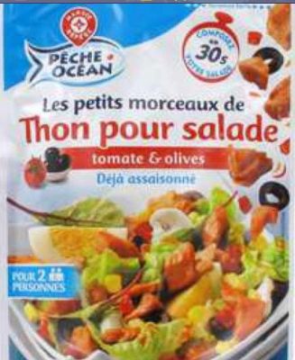 Rappel produit PECHE OCEAN / MARQUE REPERE Thon pour Salade Tomate & Olives Sachet Doypack 160g Code-barres: 3564700802397N vtrinaire: FR 29.046.514 CE
